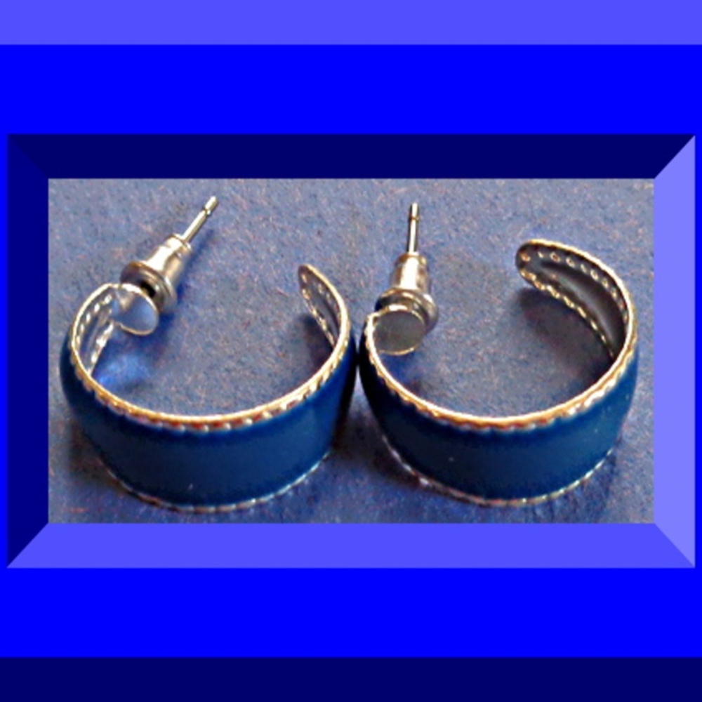 Silver Tone & Blue Hoop Design Earrings